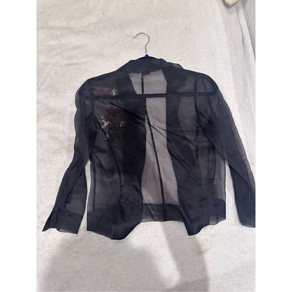 BCBG MAXAZRIA SIZE XS black womens sheer top blouse long sleeve with flower desi - Picture 5 of 6